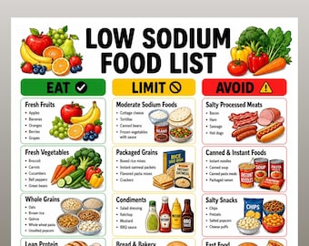 May include: A digital chart titled LOW SODIUM FOOD LIST with US LETTER | A4 | INSTANT DOWNLOAD text at the top. It features three color-coded columns: EAT in green, LIMIT in yellow, and AVOID in red, each containing illustrations of food items.