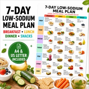 May include: A 7-day low-sodium meal plan chart featuring breakfast, lunch, dinner, and snack options for each day of the week. The document specifies approximately 1500 mg of sodium and 1600 calories per day, with A4 and US letter sizes included.