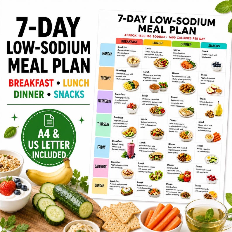 May include: A 7-day low-sodium meal plan chart featuring breakfast, lunch, dinner, and snack options for each day of the week. The document specifies approximately 1500 mg of sodium and 1600 calories per day, with A4 and US letter sizes included.
