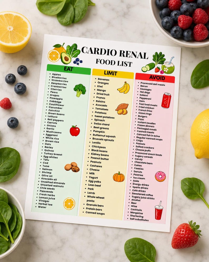 May include: A rectangular Cardio Renal food list chart with three vertical columns labeled Eat, Limit, and Avoid. The chart features colorful illustrations of fruits, vegetables, and drinks, with bulleted text lists detailing dietary recommendations.