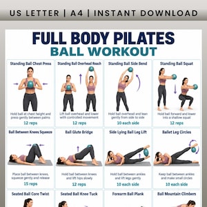 Könnte beinhalten: Ein Trainingsplan mit dem Titel FULL BODY PILATES BALL WORKOUT und dem Text US LETTER | A4 | INSTANT DOWNLOAD. Er zeigt acht Übungsdarstellungen mit einer Person in einem rosa Oberteil und grauer Leggings, die einen kleinen blauen Ball nutzt.