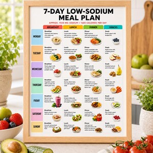 May include: A framed 7-day low-sodium meal plan chart with a light wood frame. The chart features a grid layout with columns for breakfast, lunch, dinner, and snacks, listing daily food options with small illustrations for each meal category.
