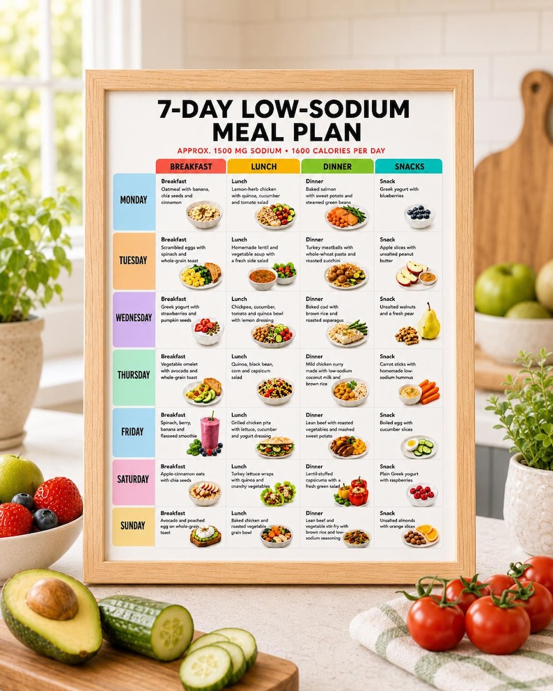 May include: A framed 7-day low-sodium meal plan chart with a light wood frame. The chart features a grid layout with columns for breakfast, lunch, dinner, and snacks, listing daily food options with small illustrations for each meal category.