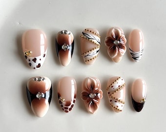 Custom 3D Floral Press-On Nails, Animal Print, Gold Beaded Luxury Set