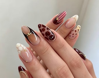 Hand Painted Leopard Print Nails, Abstract Burgundy Gold Wire Design