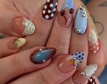 Burgundy Blue Polka Dot Press On Nails, Cherry Art, Mixed Y2K Coquette Style