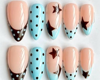 Customizable Blue Brown Star French Tip Press-On Nails, Retro Polka Dot Art (Reusable)