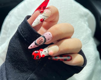 Red Black Polka Dot Stiletto Nails, 3D Ladybug Art, Kawaii Press-Ons