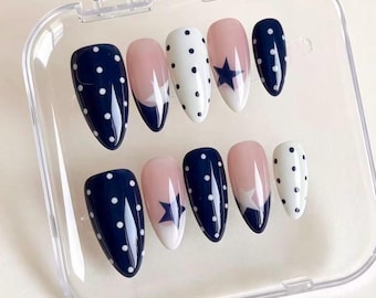 Navy Blue Polka Dot Star Press-On Nails, Pink French Tip Almond Set