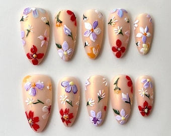 3D Oil Painting Wildflower Almond Nails, Hand Painted Floral False Nails, Custom Press-Ons