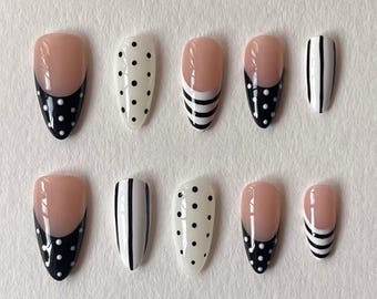 Monochrome French Tip Press On Nails | Polka Dot, Stripe Nail Art (Medium Almond)