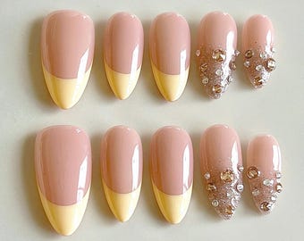 Butter Yellow French Tip Press On Nails | Glitter Rhinestone Gel Acrylics