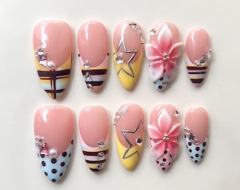 3D Flower Press On Nails | Y2K Harajuku Star Rhinestone Gel Nails