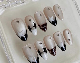 Celestial Star Press-On Nails, Black White Chrome Almond, Y2K Shimmer Set
