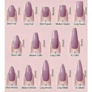 Puede incluir: Una tabla que muestra catorce formas de u&ntilde;as postizas de color malva numeradas del 1 al 14, incluyendo Short Oval, Long Oval, Short Square, Medium Square, Long Square, Short Coffin, Medium Coffin, Long Coffin, XL Coffin, Short Almond, Medium Almond, Long Almond, Long Stiletto y XL Stiletto, con longitudes de 16mm a 36mm.