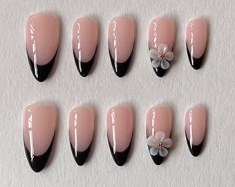 Black French Tip Almond Nails with 3D Flower | Milky Pink Press-on Fake Nails