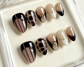 Neutral Leopard Print, Fall Autumn DesignHandmade Short Almond Nails
