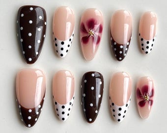 Hand-Painted Press-On Nails, Chocolate Brown, Burgundy Floral, Polka Dot French Tips