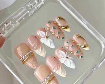 Nude Floral Press On Nails, 3D White Flower Nails, Gold Swirl Nails, Turquoise Gem Nails, Elegant Handmade False Nails, Luxury Nail Set
