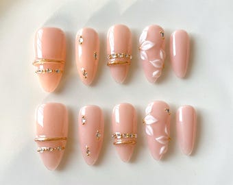 3D Floral Press on Nails | Elegant Nude Pink Fake Nails | Luxury Rhinestone  Almond Nails | Handmade Reusable Gel Nails