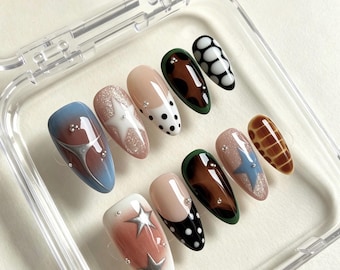 Retro Tortoiseshell Press-On Nails, Star Polka Dot, Y2K Funky Design  Back to School Nails