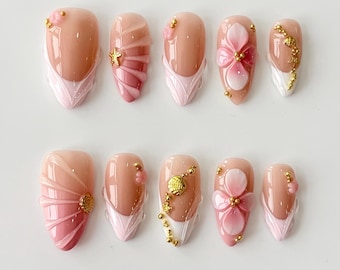 Pink Ocean Floral Press on Nails | 3D Shell Sea Flower French Ombre False Nails