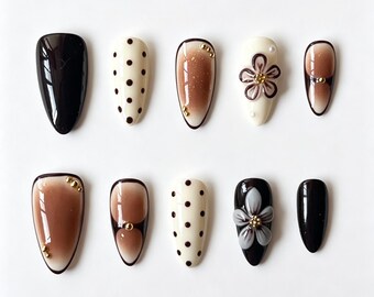 3D Flower Press on Nails | Brown Blush Polka Dot Gel Fake Nails