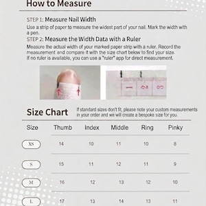 K&ouml;nnte beinhalten: Eine Anleitung mit dem Titel How to Measure mit zwei Schritten und einer Gr&ouml;&szlig;entabelle. Sie zeigt einen Fingernagel, der mit einem Papierstreifen und einem Lineal gemessen wird. Die Tabelle listet die Gr&ouml;&szlig;en XS, S, M und L mit Werten f&uuml;r Daumen, Zeige-, Mittel-, Ring- und kleinen Finger auf.