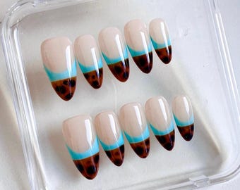 Tortoise Shell Press On Nails, Turquoise French Tips, Brown Almond, Handmade Reusable Fall Set