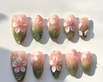 Medium Almond Press On Nails | 3d flowers nailart | summer nail