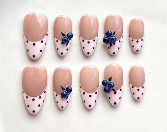 Handmade Blueberry French Almond Press On Nails | Pink Polka Dot Fake Nails