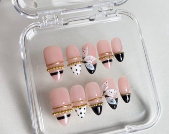Custom Pink Butterfly Press-On Nails, Black French Tip, Gold Beaded Art (10-Piece Set)