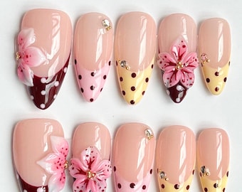 Faux ongles à fleurs 3D faits main, manucure française à pois, kit personnalisable