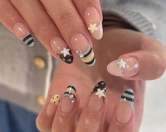 Retro Y2K Star Press on Nails | Brown Blue Striped French Tip Acrylic almonds Nails