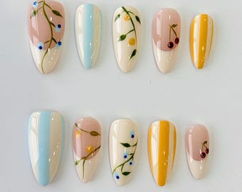 Handpainted Cherry Floral Almond Press on Nails | Retro Blue Yellow Stripes