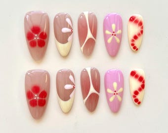 Red Flower Almond Press On Nails | Pink Ombre Blush Y2K Fake Nails