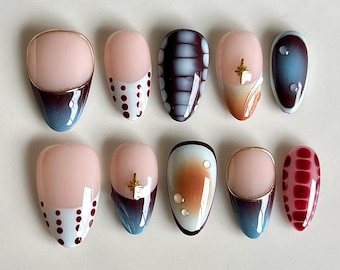Burgundy Blue Press On Nails, Abstract Geometric Fall Nails, Hand Painted
