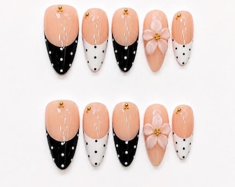 Black and white Handmade Press-On Nails, 3D Flower French Tip, Polka Dot Almond Set