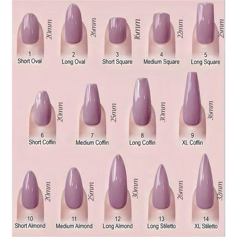 K&ouml;nnte beinhalten: Eine &Uuml;bersichtstabelle mit vierzehn malvenfarbenen Press-on-Nagelformen, nummeriert von 1 bis 14, darunter Short Oval, Long Oval, Short Square, Medium Square, Long Square, Short Coffin, Medium Coffin, Long Coffin, XL Coffin, Short Almond, Medium Almond, Long Almond, Long Stiletto und XL Stiletto, mit L&auml;ngen von 16mm bis 36mm.
