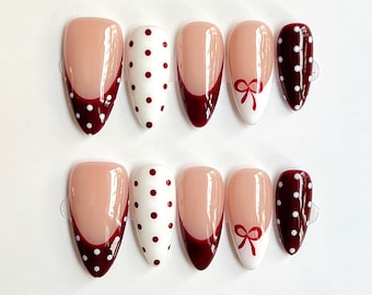 Burgundy French Tip Almond Nails | Polka Dot Bow Fake Nails