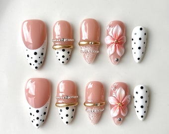 Vintage Polka Dot Press on Nails, Medium Almond Luxury 3D Floral Nails, Elegant Nude French Tip Fake Nails, Handmade Glue on Nails