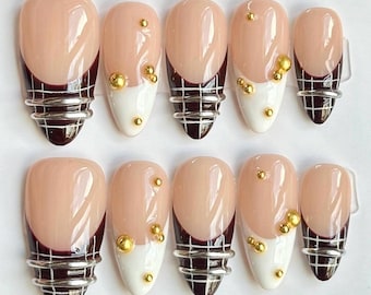 Burgundy Plaid French Tip Press-On Nails, Gold Beaded Autumn Nail Art (Customizable)