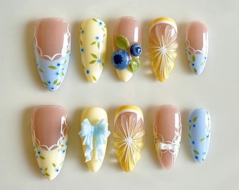 3D Blaubeer Zitrone Blumenpresse auf den Nägeln | Sommer Frucht Gel Faux Nägel