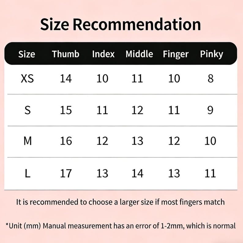 K&ouml;nnte beinhalten: Eine Gr&ouml;&szlig;entabelle mit schwarzer Kopfzeile und wei&szlig;en Zeilen. Die Tabelle listet die Gr&ouml;&szlig;en XS, S, M und L mit den entsprechenden Fingermessungen in Millimetern auf. Der Text enth&auml;lt 'Size Recommendation', 'It is recommended to choose a larger size if most fingers match' und '*Unit (mm) Manual measurement has an error of 1-2mm, which is normal'.