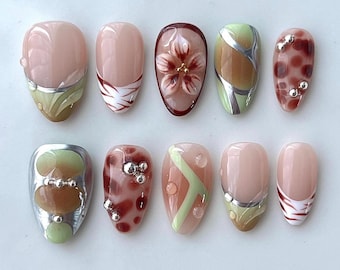 3D Embossed Floral Press on Nails, Sage Green Terracotta Chrome Almond False Nails