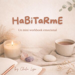 Puede incluir: Una vela encendida en un vaso, una taza de té y un cuaderno abierto con un bolígrafo están colocados sobre una mesa. El texto "HaBiTaRme" y "Un mini workbook emocional" son visibles. También hay pequeños cristales y una piedra.