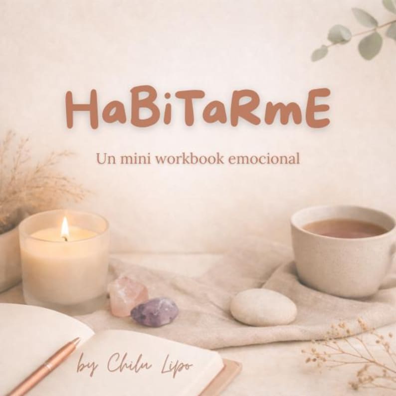 Może przedstawiać: Zapalone świeca w szkle, filiżanka herbaty i otwarty notatnik z długopisem są ułożone na stole. Widoczny jest tekst "HaBiTaRme" i "Un mini workbook emocional". Obecne są r&oacute;wnież małe kryształy i kamień.