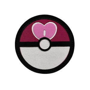 May include: Circular embroidered patch featuring a two-tone design. The top half is a deep pink with a white and pink heart shape. The bottom half is white. A black band separates the two halves, and a black border surrounds the entire patch.