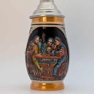 Vintage German Beer Stein with Pewter Lid, 0.5L Cobalt Blue Stoneware Tankard, Mold 476, Tavern Scene, Hopfen und Tropfen Monk