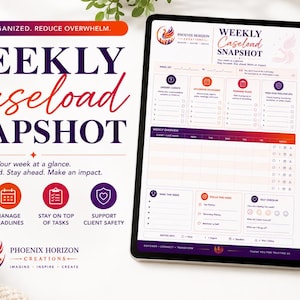 Könnte beinhalten: Ein digitaler Tablet-PC zeigt einen "Weekly Caseload Snapshot"-Planer. Der Planer enthält Abschnitte zum Verfolgen von Prioritäten, Verwalten von Fristen und Erledigen von Aufgaben. Das Design umfasst ein Logo und den Text "Stay Organized. Reduce Overwhelm."